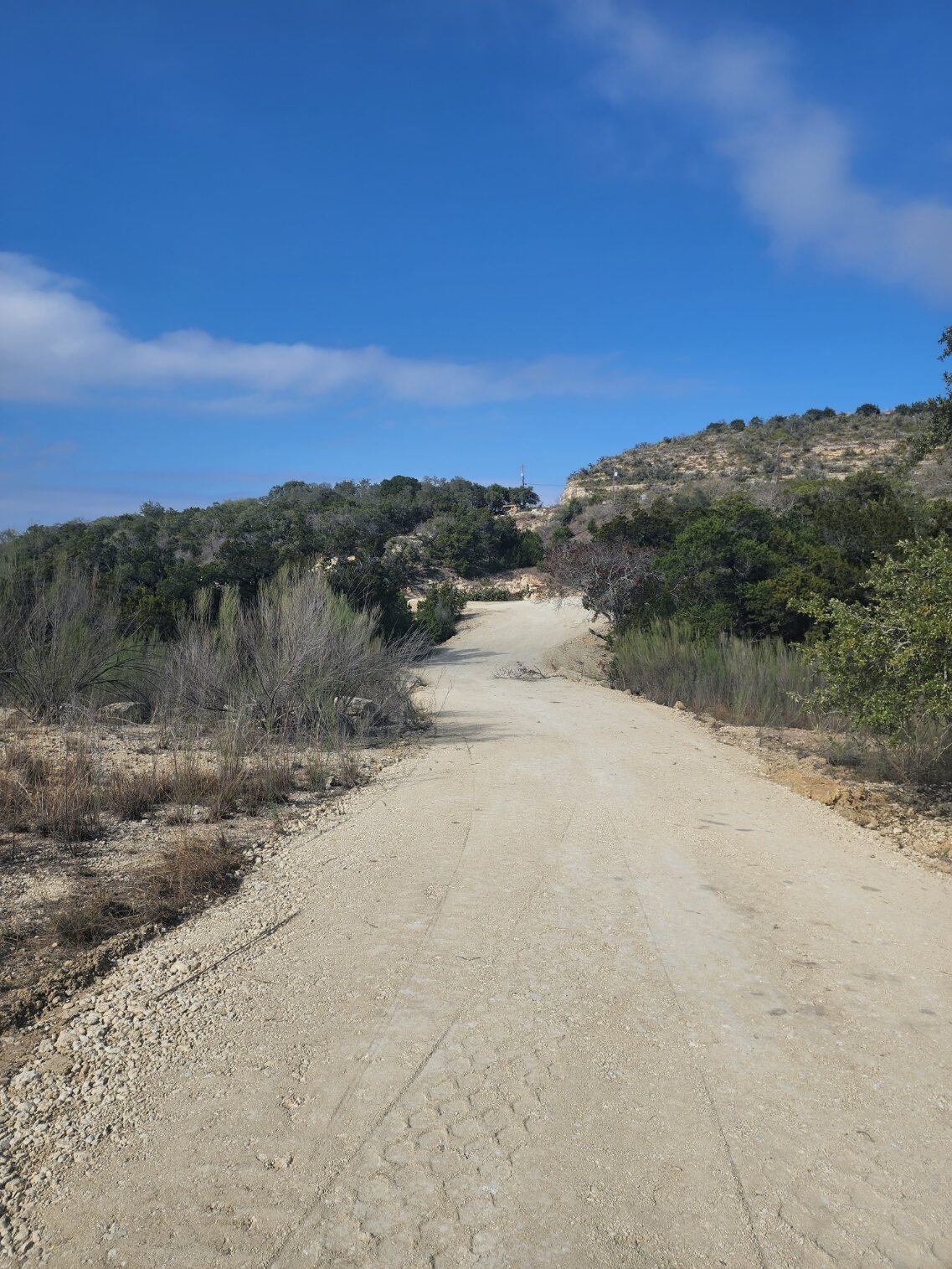 Pale caliche road climbing between brush and a rocky hillside under a blue sky